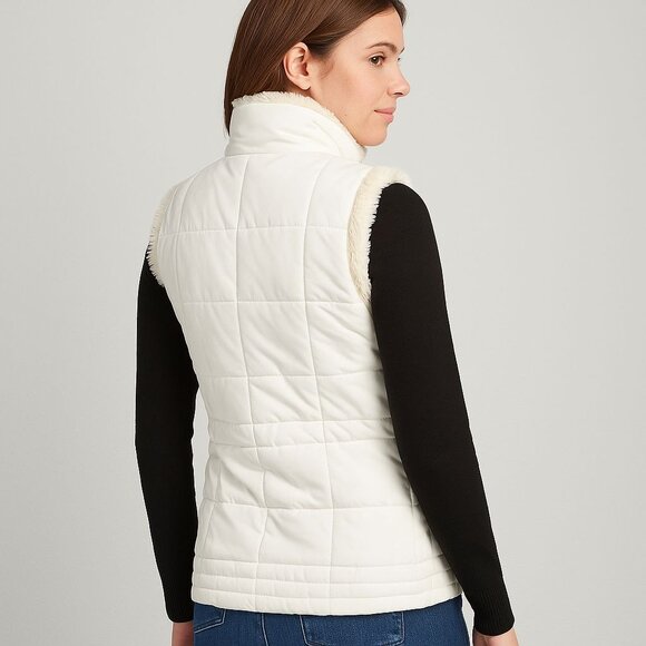 Carolyn Taylor White Sleeveless Puffer Vest W/ Faux Fur Lining & High Collar M - Picture 13 of 13